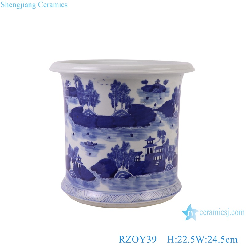 Jingdezhen Blue and White Landscape Chinese Parasol Tree Pattern Ceramic Pen Holder Small Pot