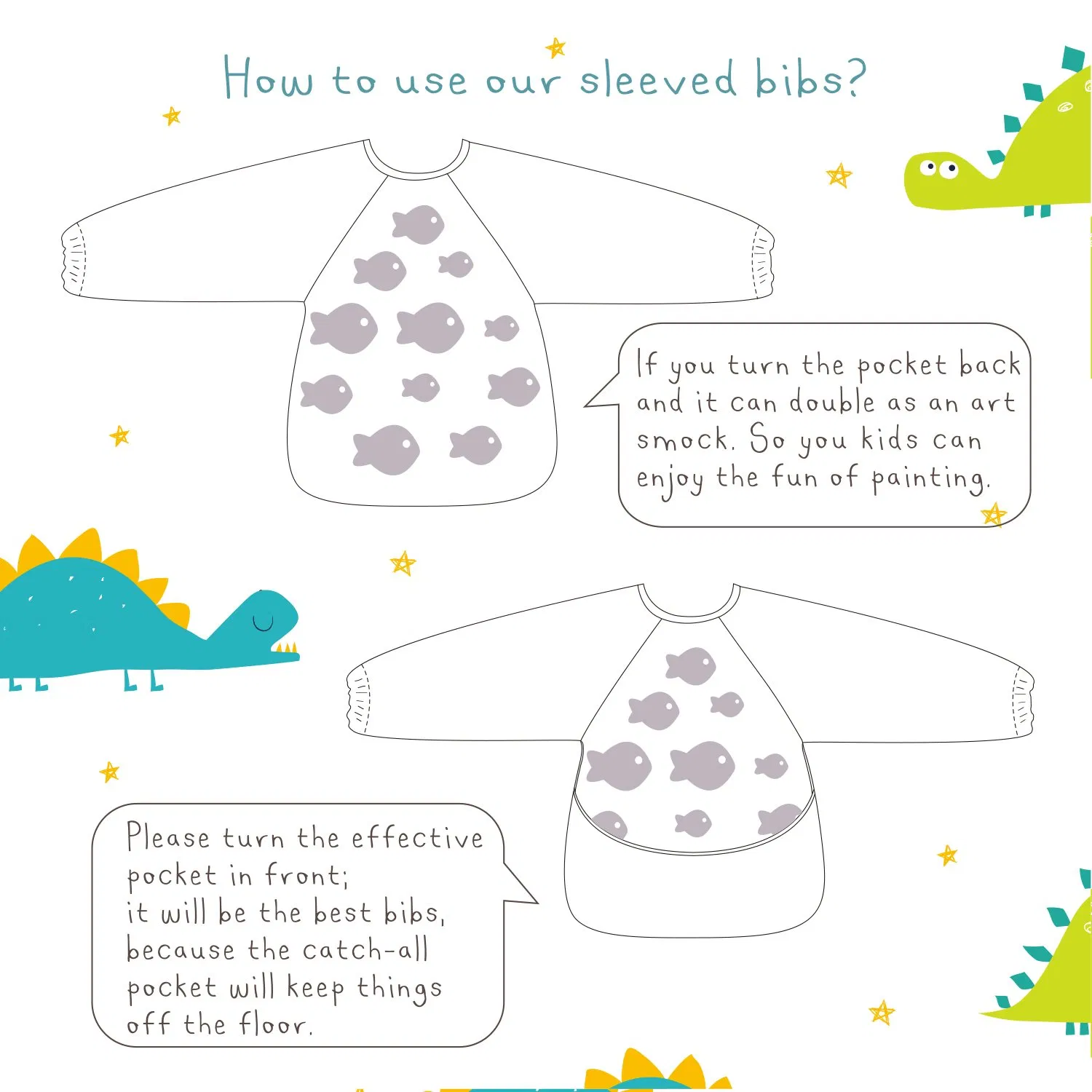 100% Polyester Waterproof Eating Bib Long Sleeved Baby Feeding Smock Bibs