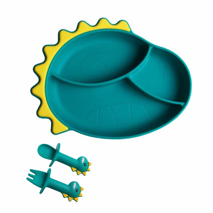 Dinosaur Shape Silicone Baby Feeding Divided Suction Plate with Spoon Set