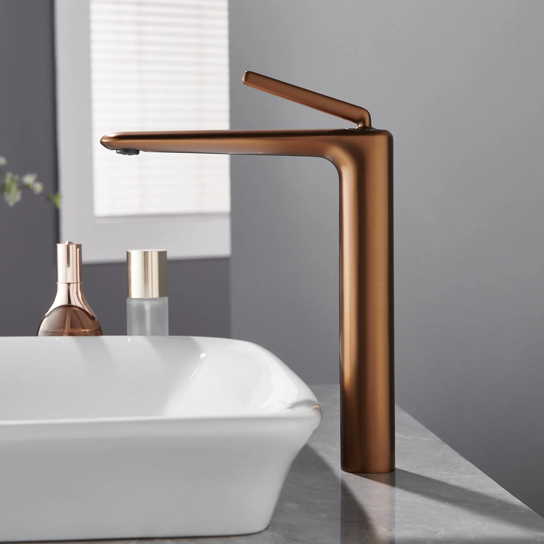 Brushed Rose Gold Coating Deck Mounted Single Hole Basin Mixer Hot Cold Water Tap Ceramic Cartridge Brass Tall Faucet
