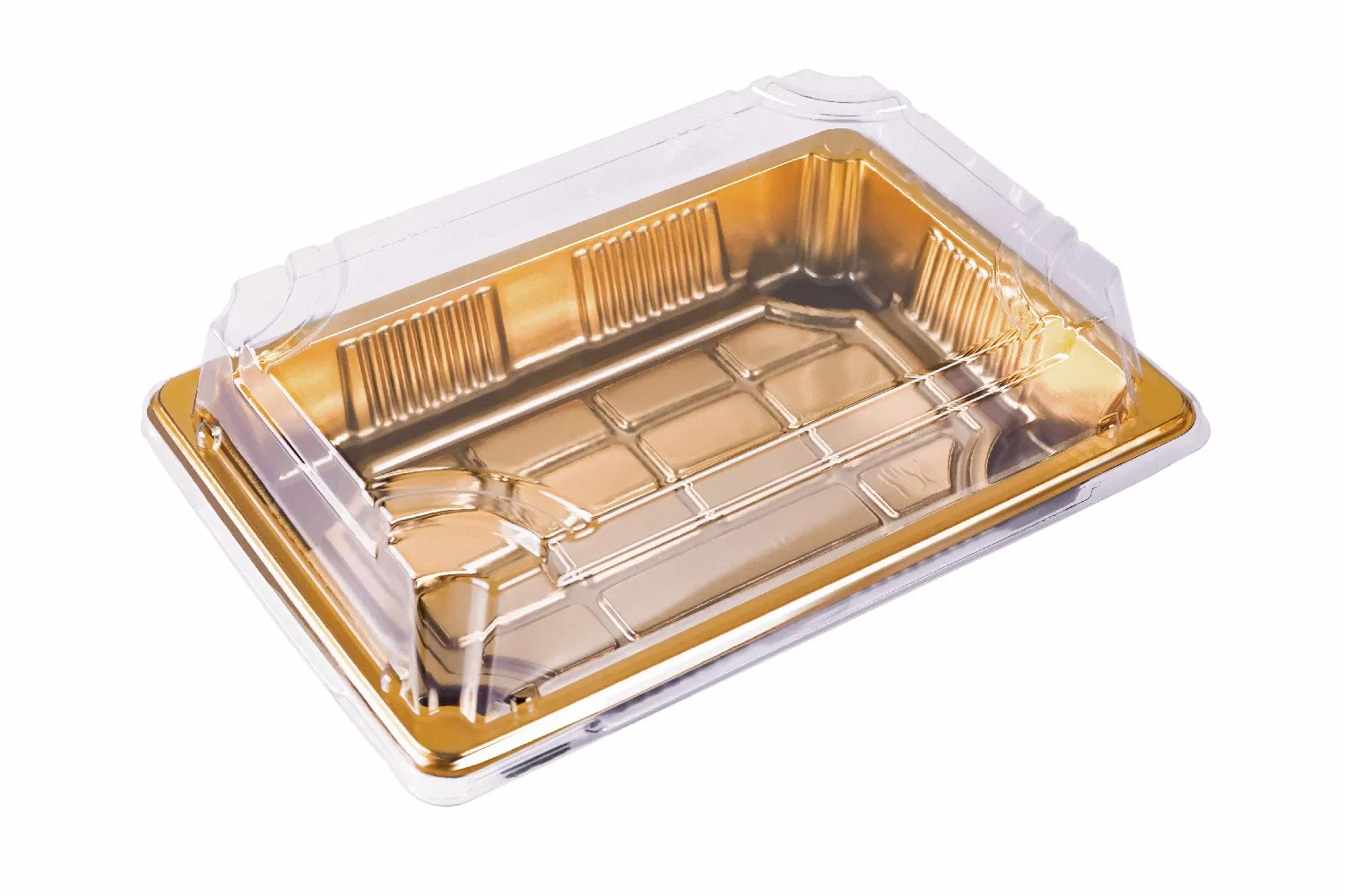 Disposable Food Grade Plastic Pet Takeaway Container Sushi Packaging Tray with Lid Gold Rectangular