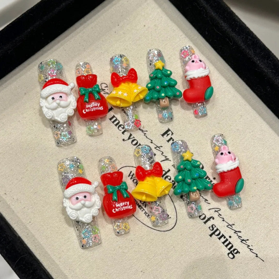 Hot Selling Wholesale Luxury OEM ODM Christmas Theme Super Long Stereo Bells Press on Fake Nails Custom French False Spike Nails 3D Decoration with Jelly Gel