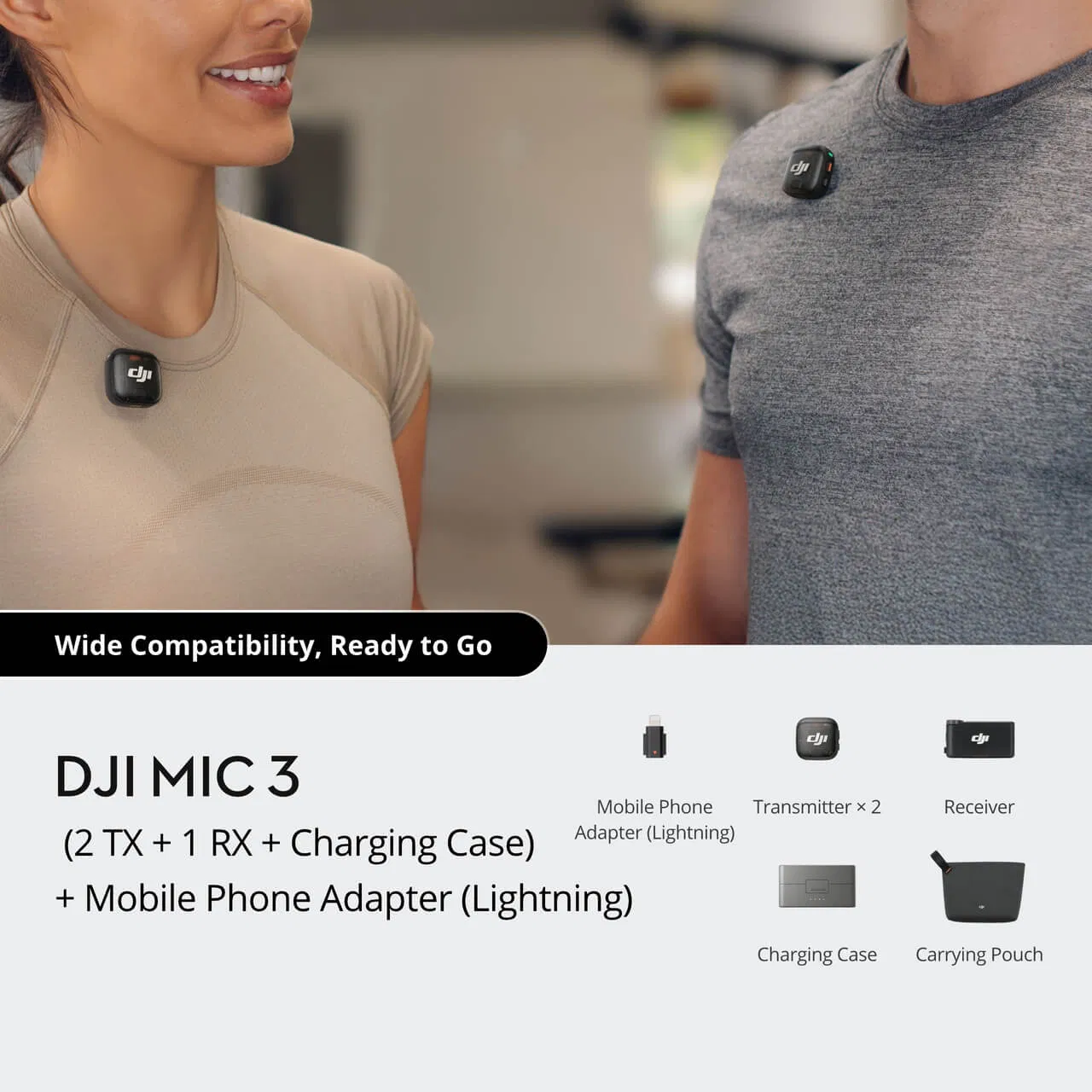 DJ Mic3 (2 TX + 1 RX + Charging Case) + Mobile Phone Adapter Wireless Microphone with 48-Hour Operation and Two-Level Active Noise Cancelling Drone Accessories