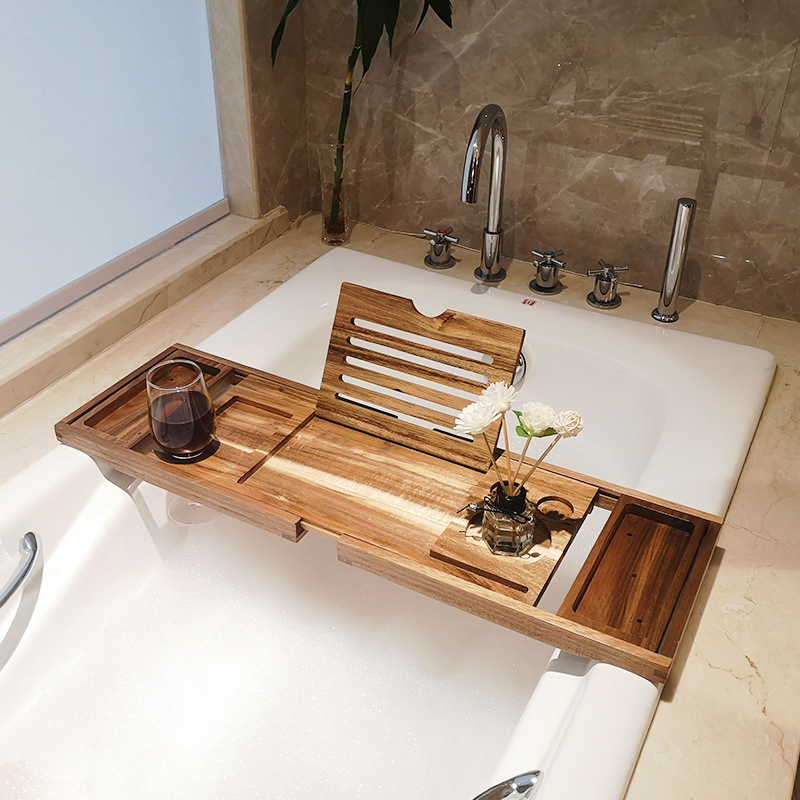 Elegant Acacia Wooden Bathtub Caddy Tray with Wine Holder