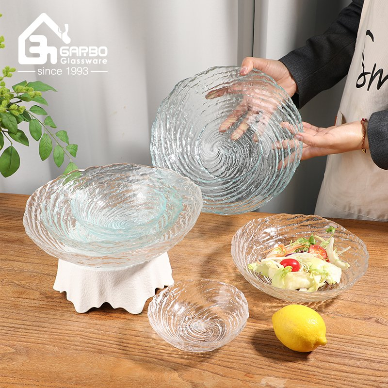 Glass Fruit Plate in Transparent 8 Inch Color Salad Fruit Candy Serving Plate with Water Wave Pattern