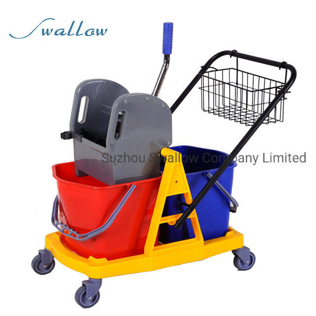 China Hospital Airport Cleaning Folded Hand Double Bucket Mop Wringer Trolley