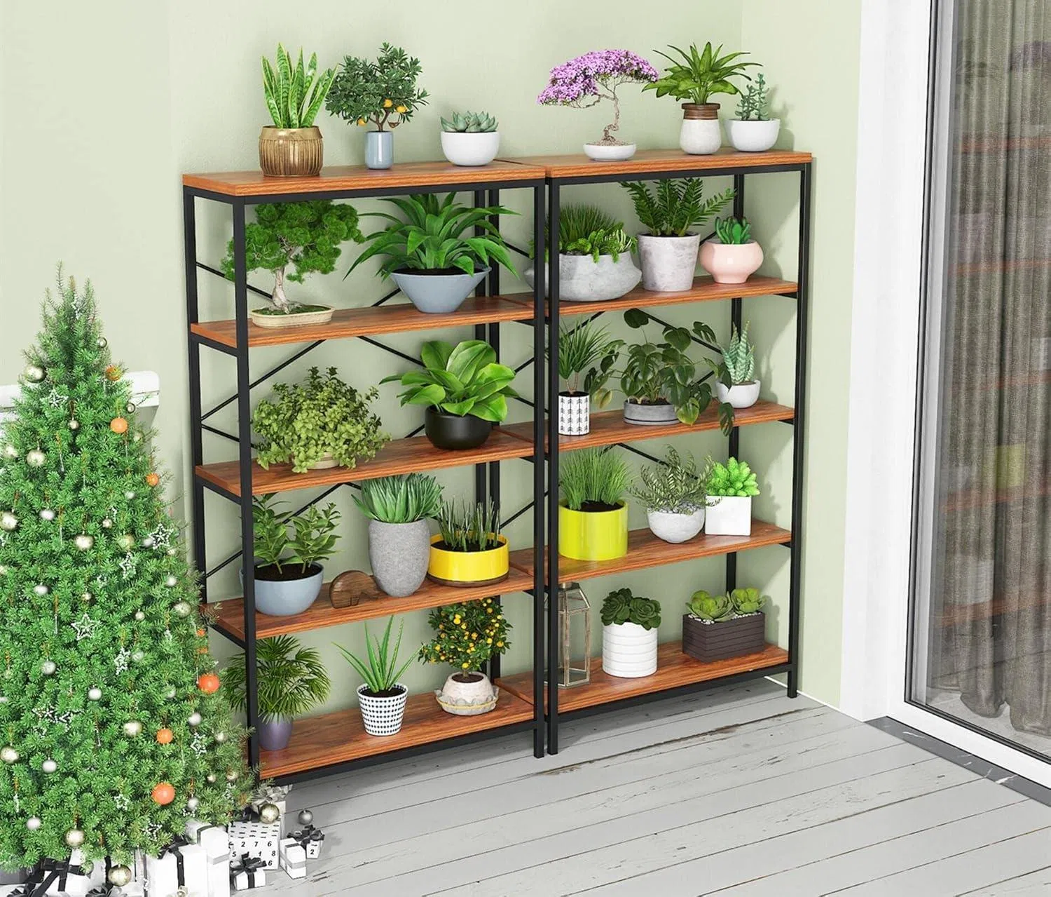 Modern 5-Tier Brown Metal Frame Bookcase with Durable Wire Shelves