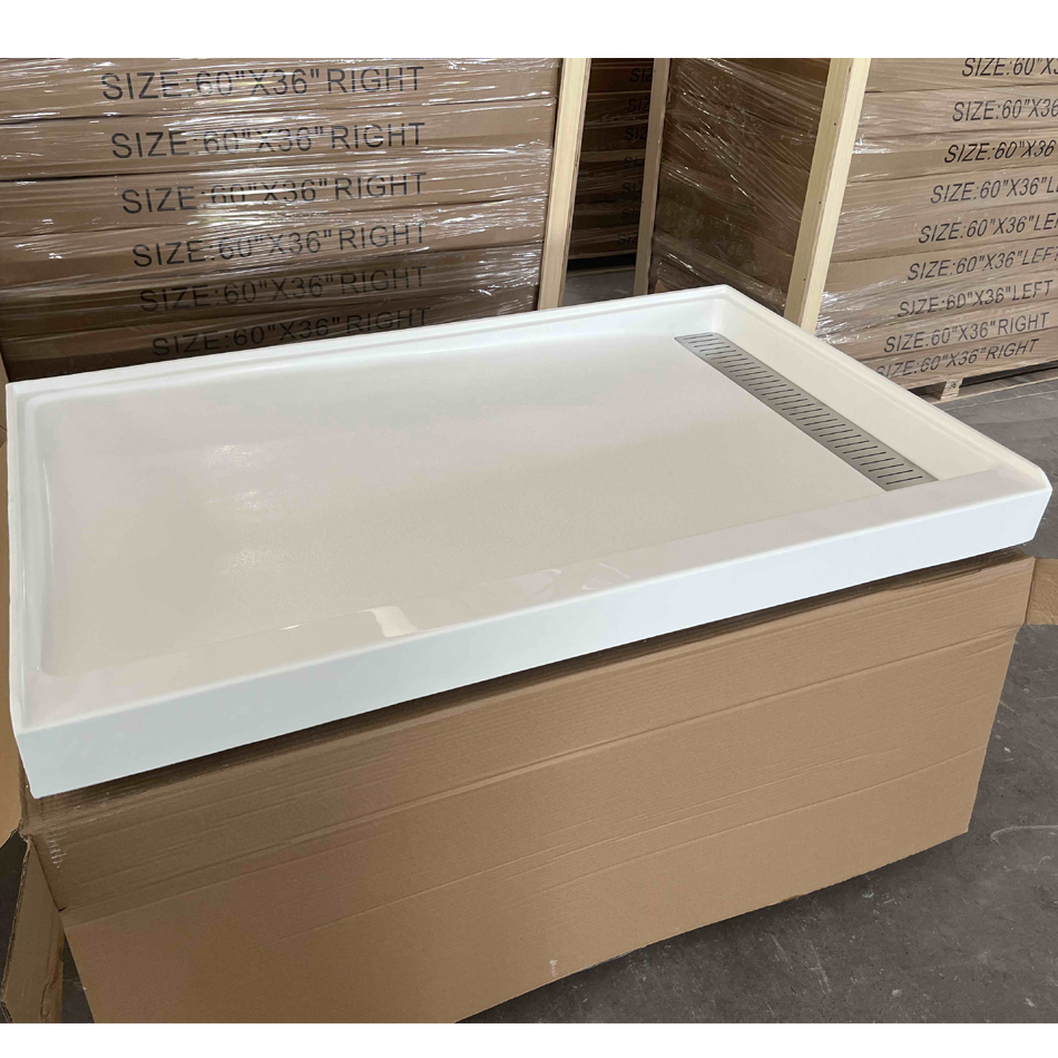Cast Cultured Marble Rectangular Shape 60''x32''x4'' Trench Drain Shower Pan Shower Base Tray for Hotel Apartment Bathroom