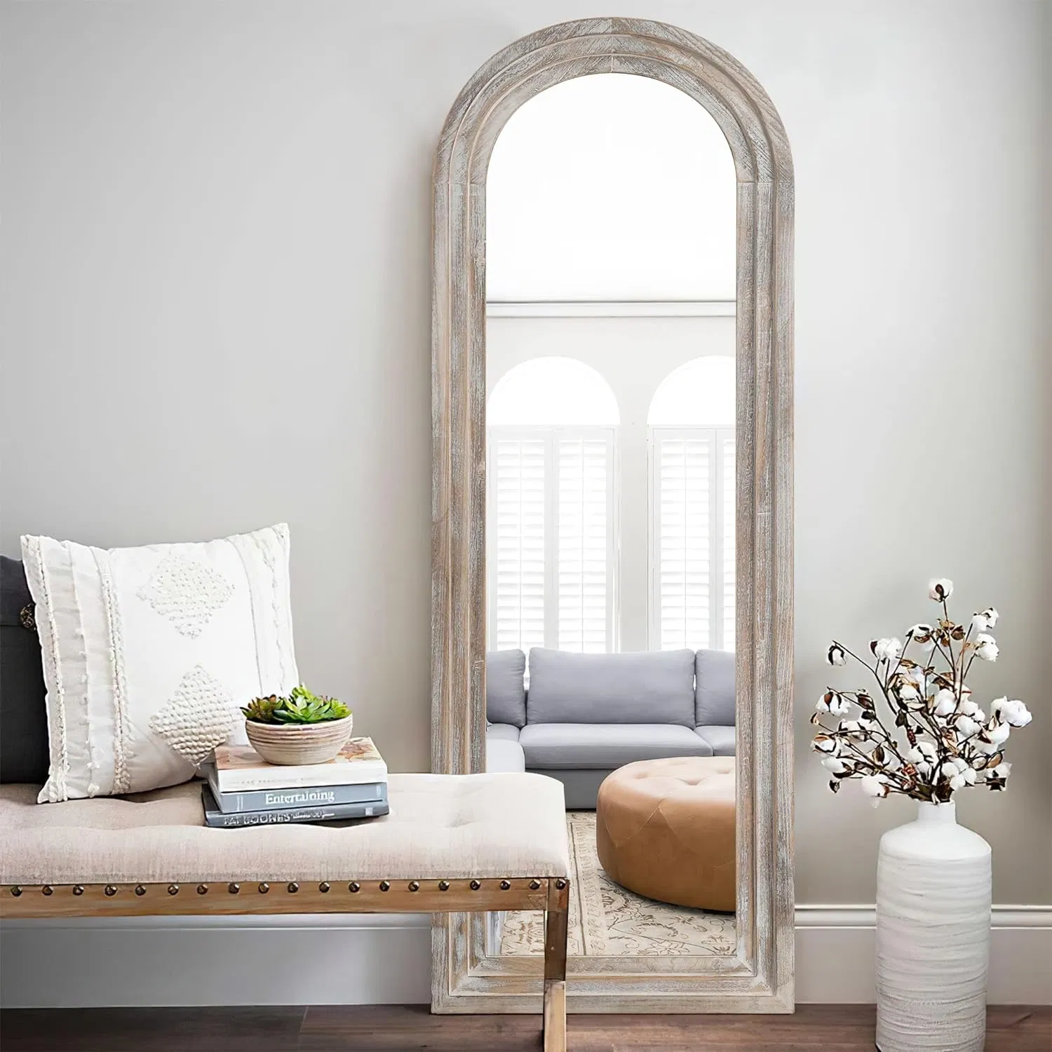 Distressed Wooden Framed Arched Floor Mirror - Wall-Mounted Dressing Makeup Mirror for Home Decoration - Ideal for Bathroom, Bedroom, Living Room, or Entryway