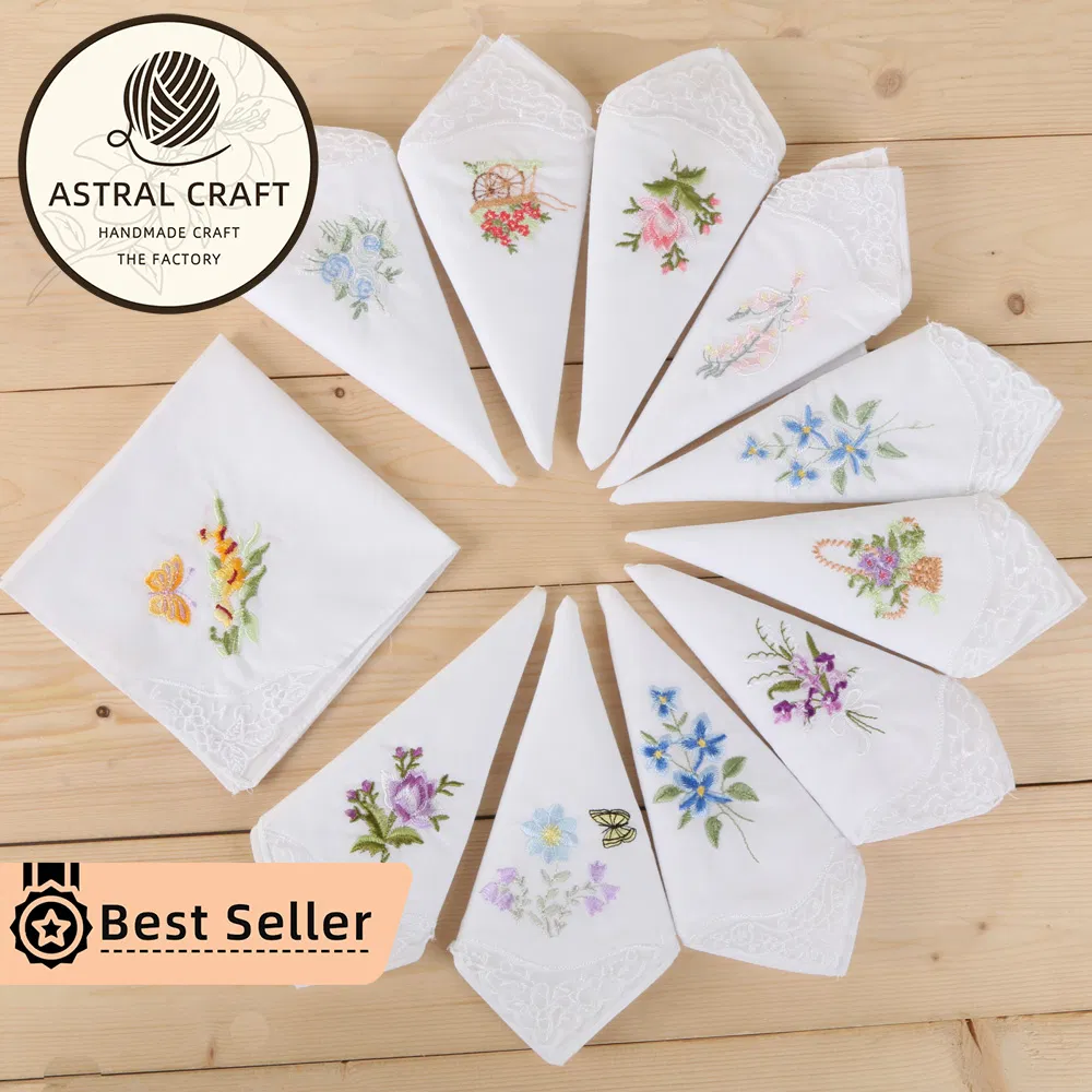 Custom 28cm Embroidered Cotton Handkerchief Flora White Dinner Lace Linen Napkins