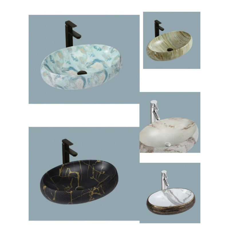 Temperature Resistant Polished Budget Washroom Unique Textured Oval Ceramic Art Basin