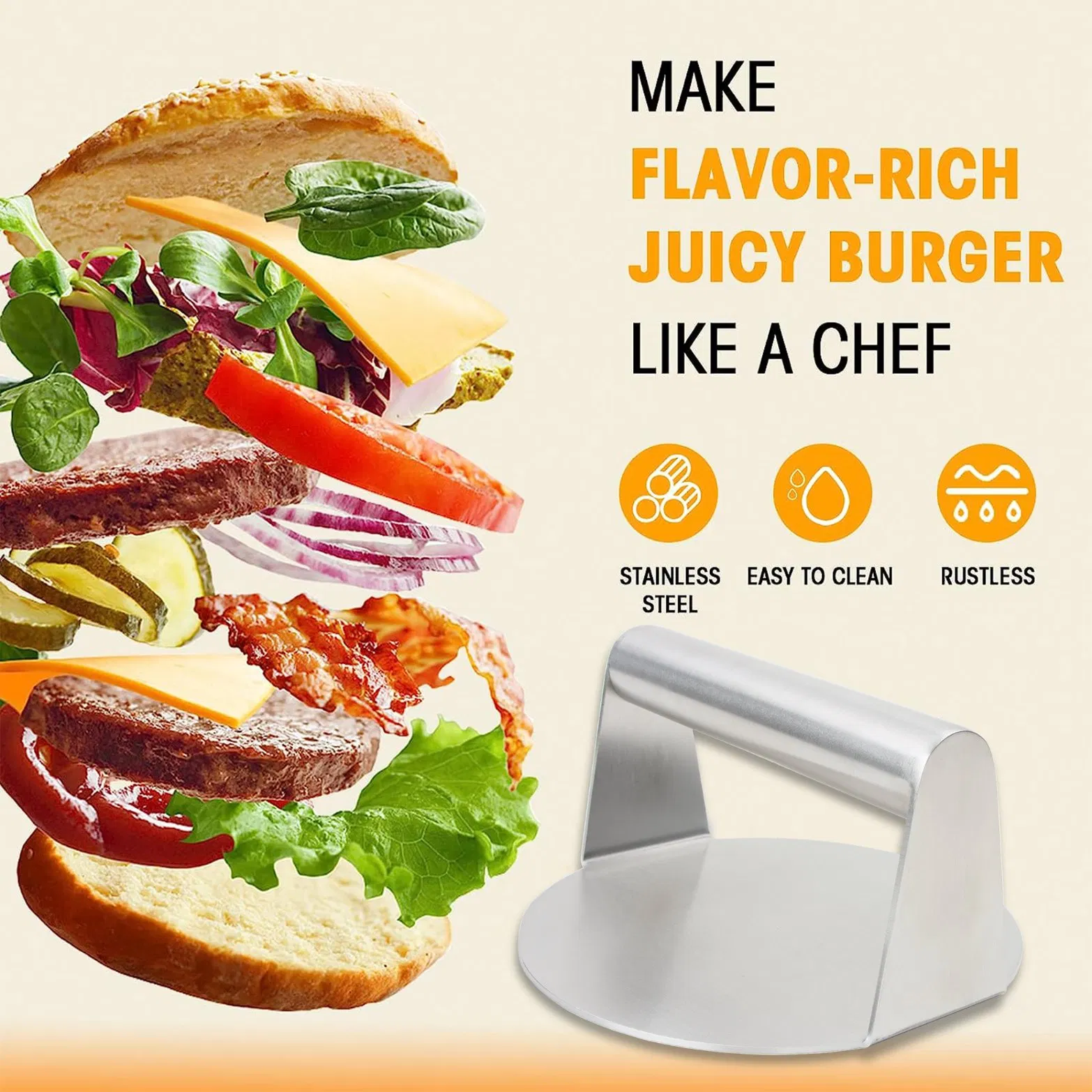 Customizaton Durable Round Burger Smasher Grilling Accessories Kitchen Stainless Steel Hamburger Meat Presser