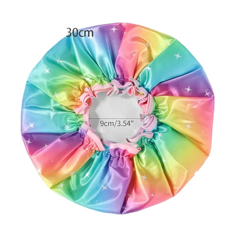 Custom Large Rainbow Double Waterproof Satin Lined Shower Cap
