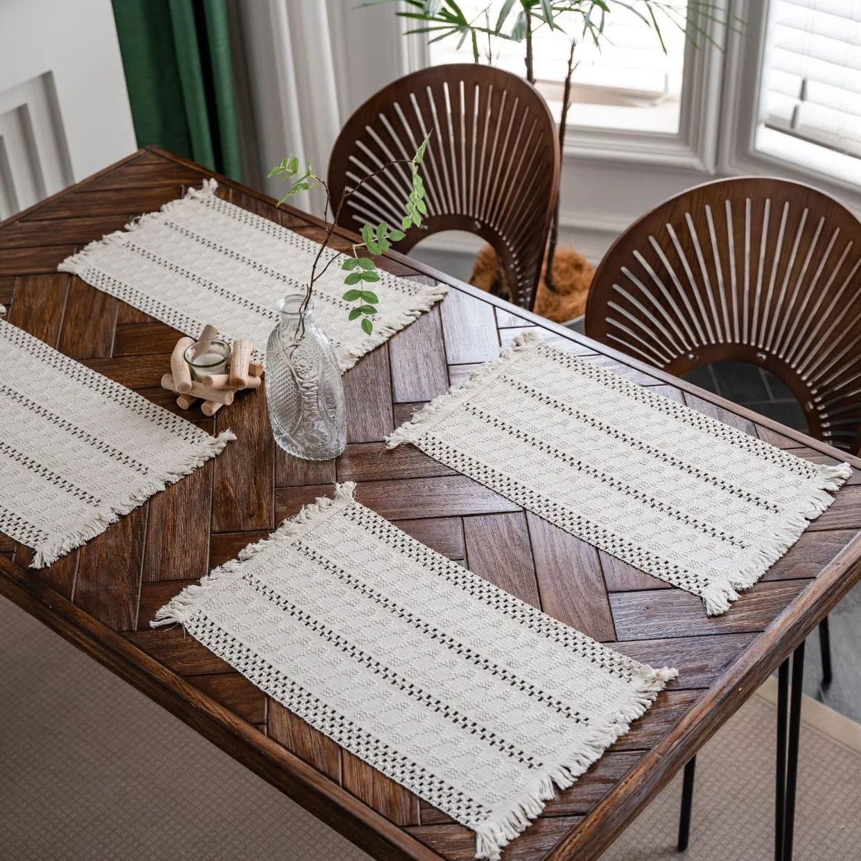Xinlan Woven Jute Placemats Set Colorful Striped Table Mats with Tassels for Holiday Dining Boho Style Kitchen Decor
