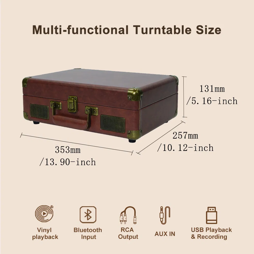 Tr103 Multifunction Precision Turntable HiFi Music Inyl Lp Record Player Speaker Suitcase Turntable Gramophone with USB Play Burning