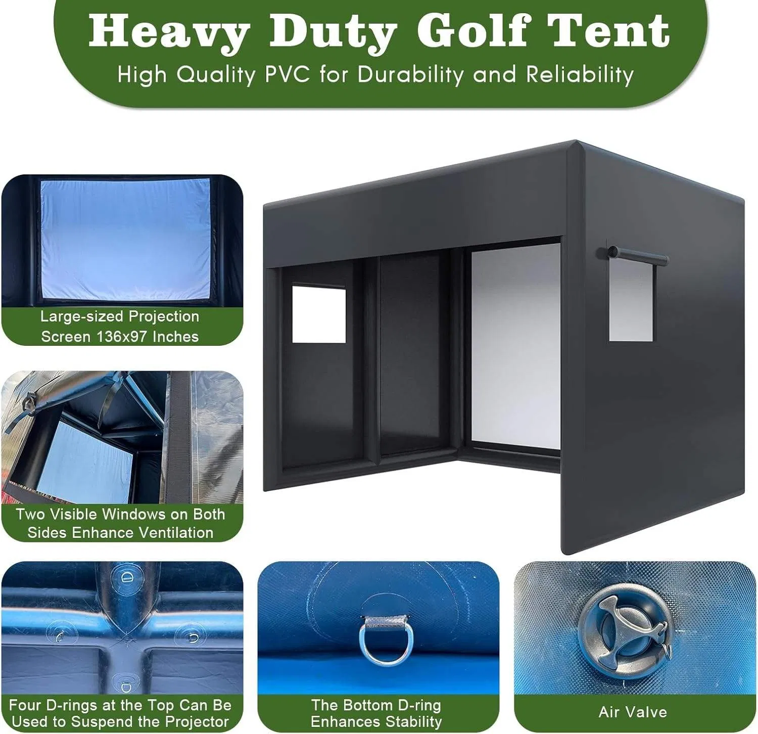 Inflatable Golf Simulator Cage Tent Outdoor Indoor Golf Simulator Enclosure with Projection Screen, Air Pump for Golf Training