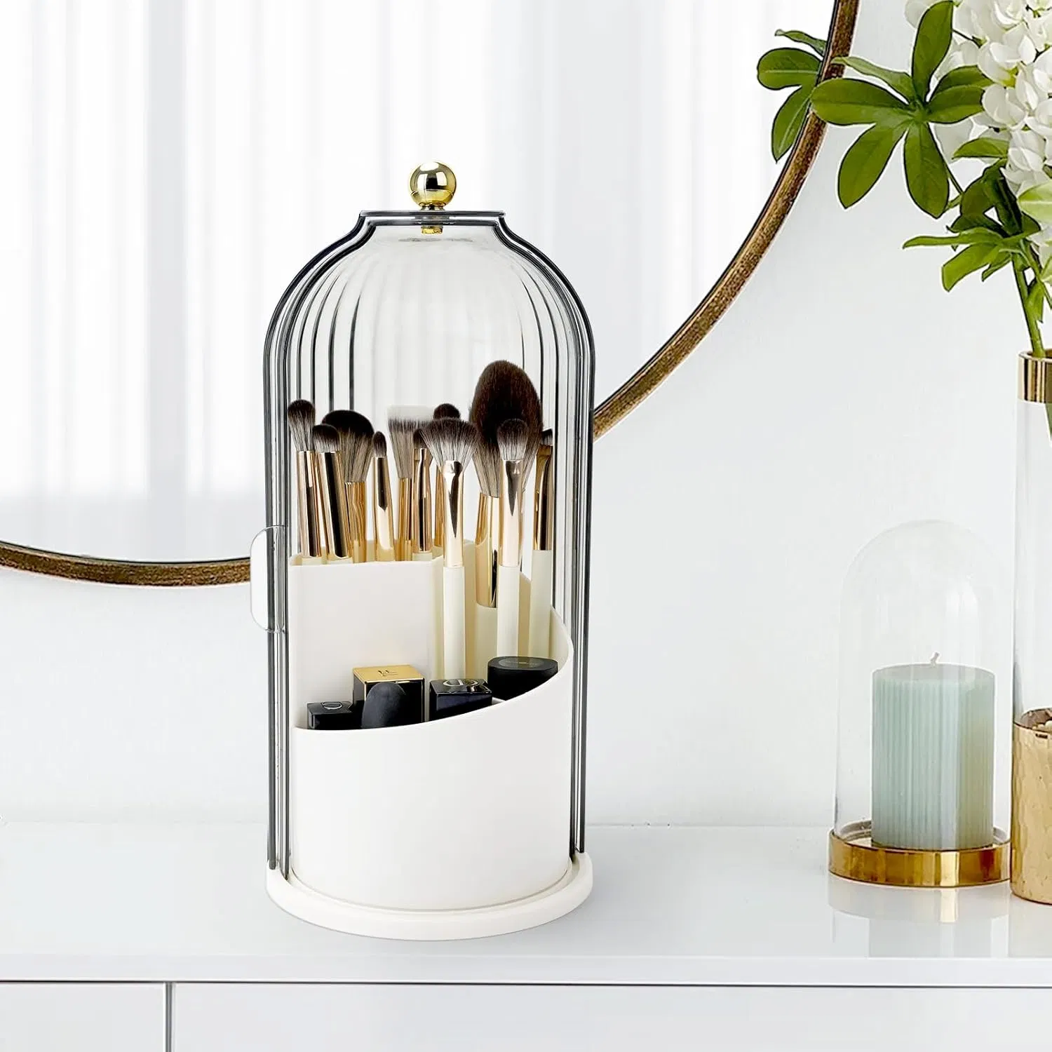 Elegant Birdcage Shaped Plastic Clear Cosmetics Toothbrush Holder with Sliding Lid