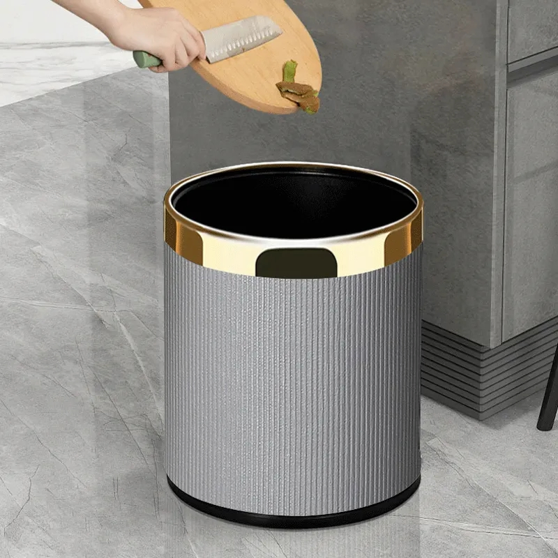 10L Stainless Steel Trash Can Leather Dustbin Double Layer Waste Garbage Bin
