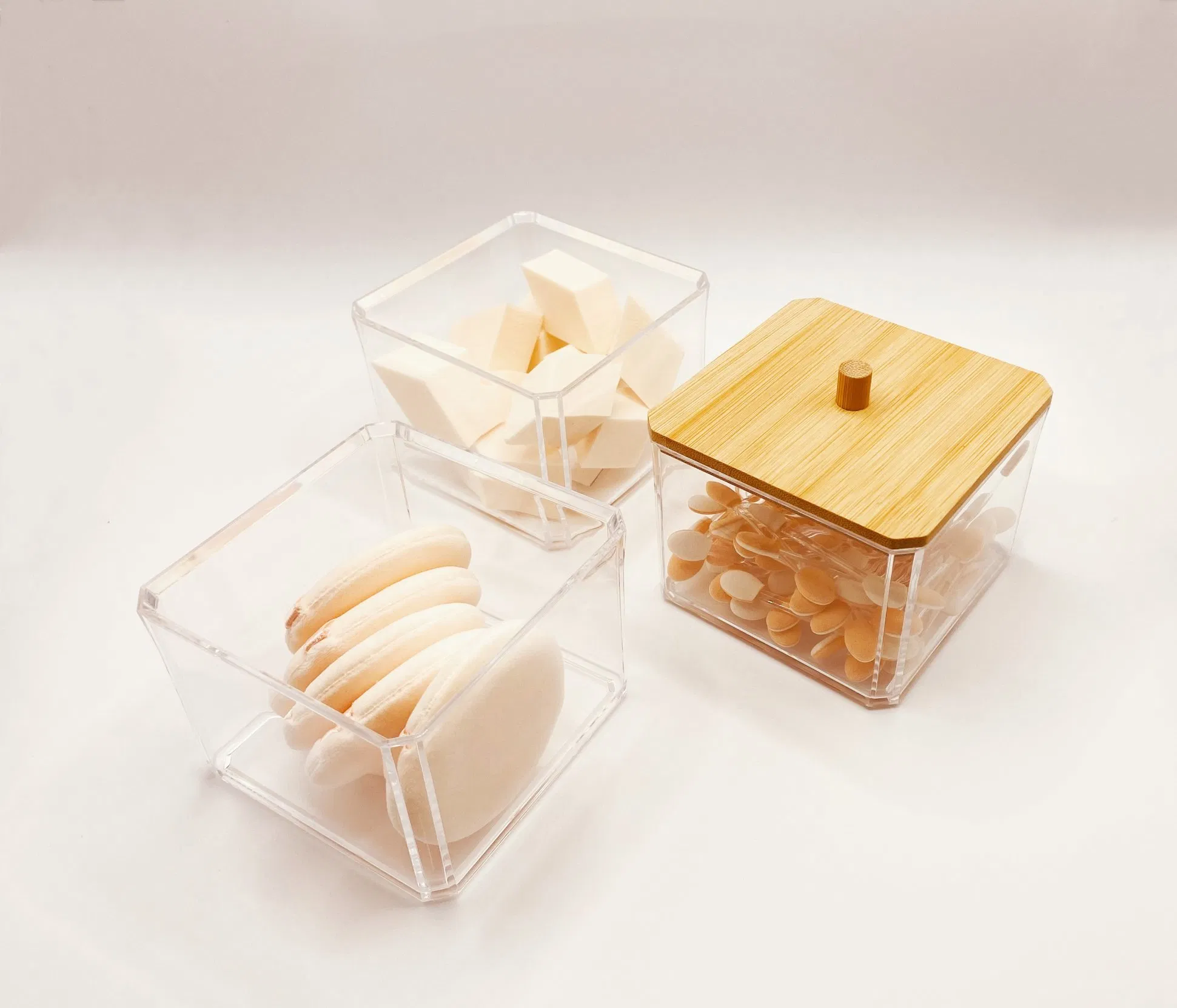 Cosmetic Powder Puffs Collection Storage Set 3 Stackable Box with Bamboo Lid