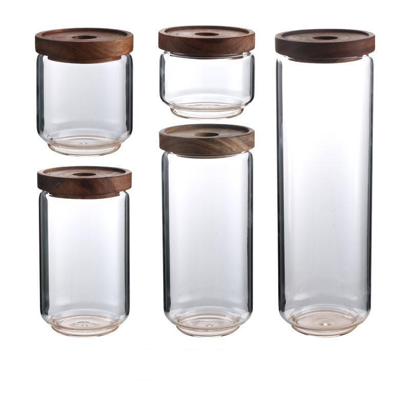 Free Match Full Sizes High Borosilicate Glass Airtight Storage Jar with Acacia Lid Glass Jar Set