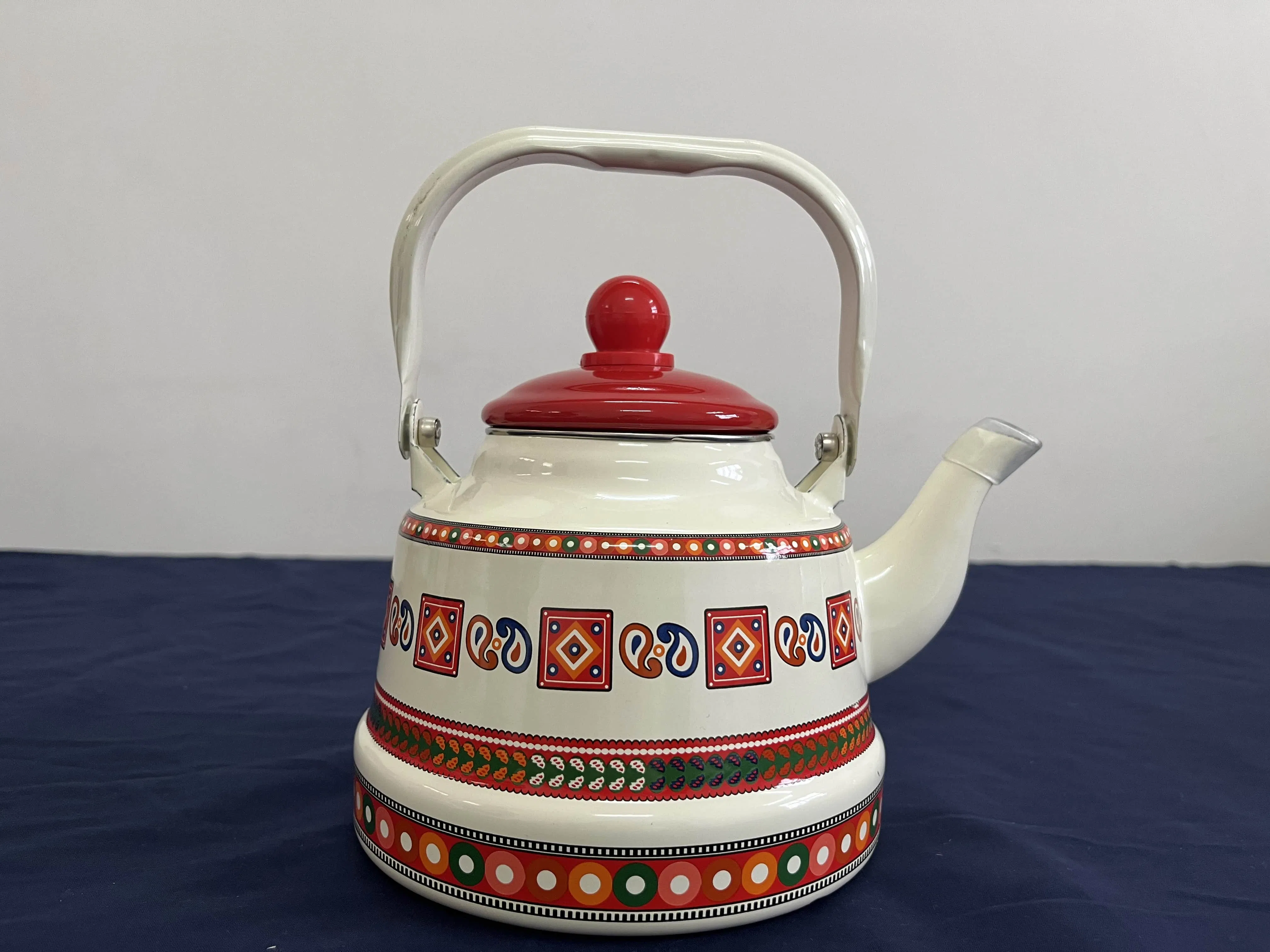 Cream White Enamel Teapot with Symmetrical Pattern and Red Lid