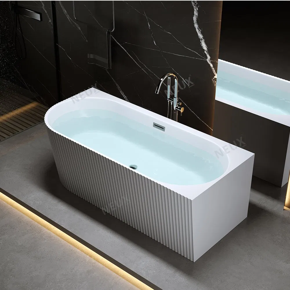 Glossy White Freestanding Bath 2 Wall Left or Right Corner V Groove Fluted Acrylic Bathtub