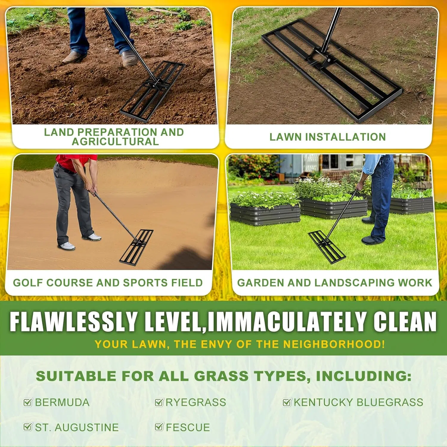 Lawn Leveling Rake with Tines with Adjustable Long Handle Heavy Duty Leveling Rake Lawn Garden Tool