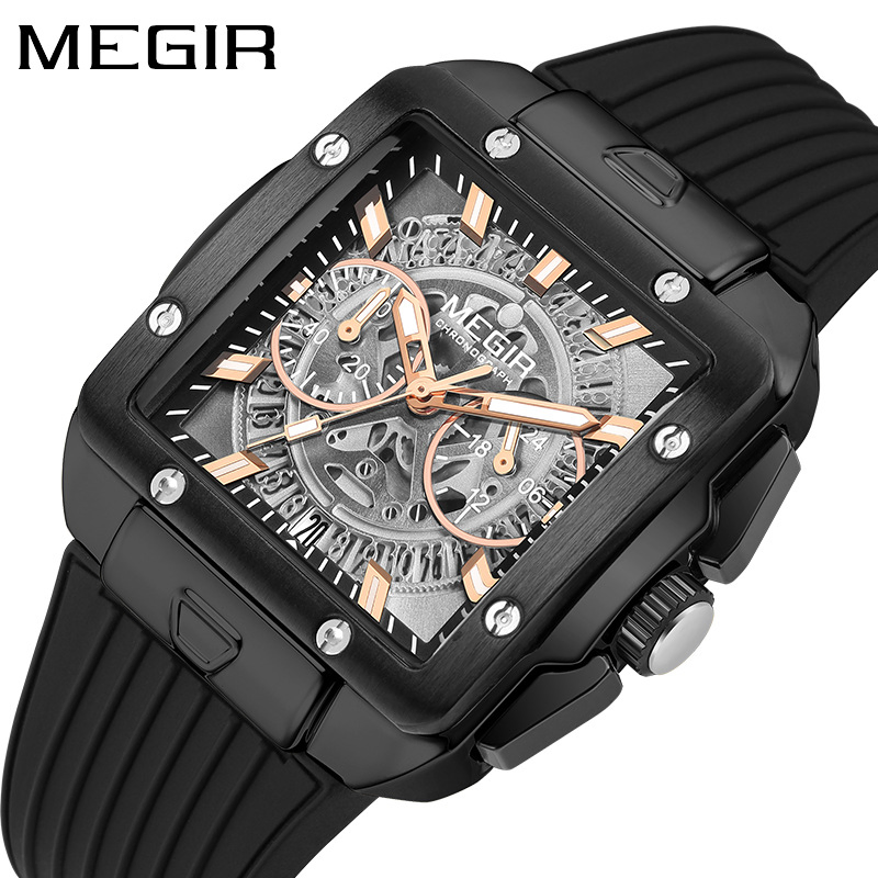 Megir 2228g New Square Men's Silicone Strap Multi-Functional Timing Sports Quartz Watch