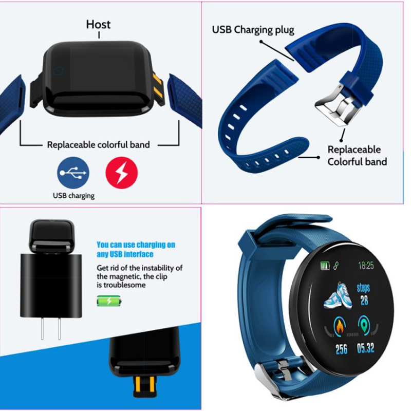Sport Wristband Clock Tracker Blood Oxygen Round Display D18 Smart Band