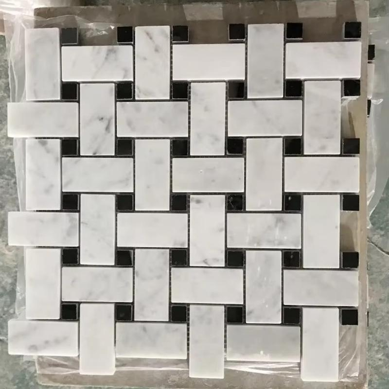 Carrara White Basketweave Tile with Nero Marquina Dots Mosaic Tile for Floor and Wall