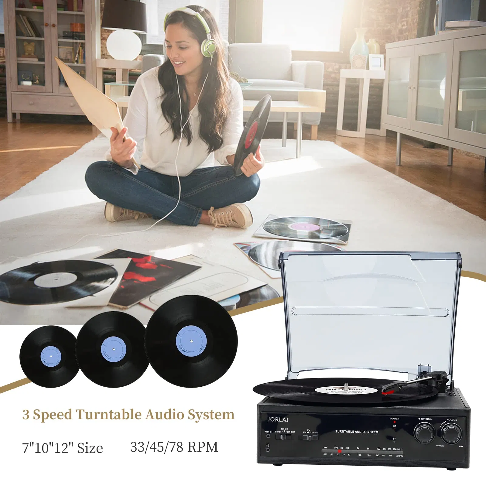 Винтажный проигрыватель винила с радио и Bluetooth