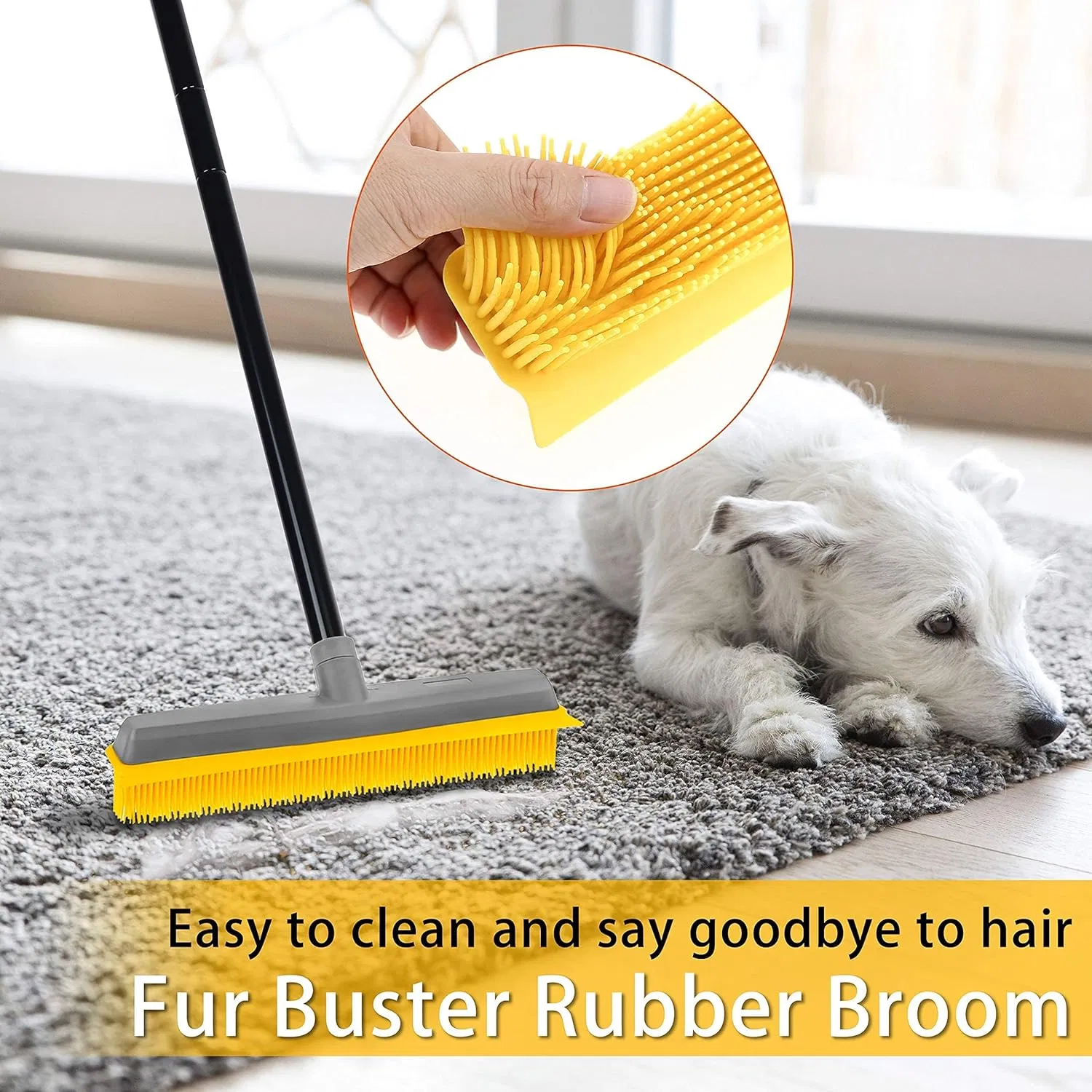 Long Push Rubber Broom Bristles Sweeper Squeegee Scratch Free Bristle Broom for Pet Cat Dog Hair Carpet Hardwood Windows Clean
