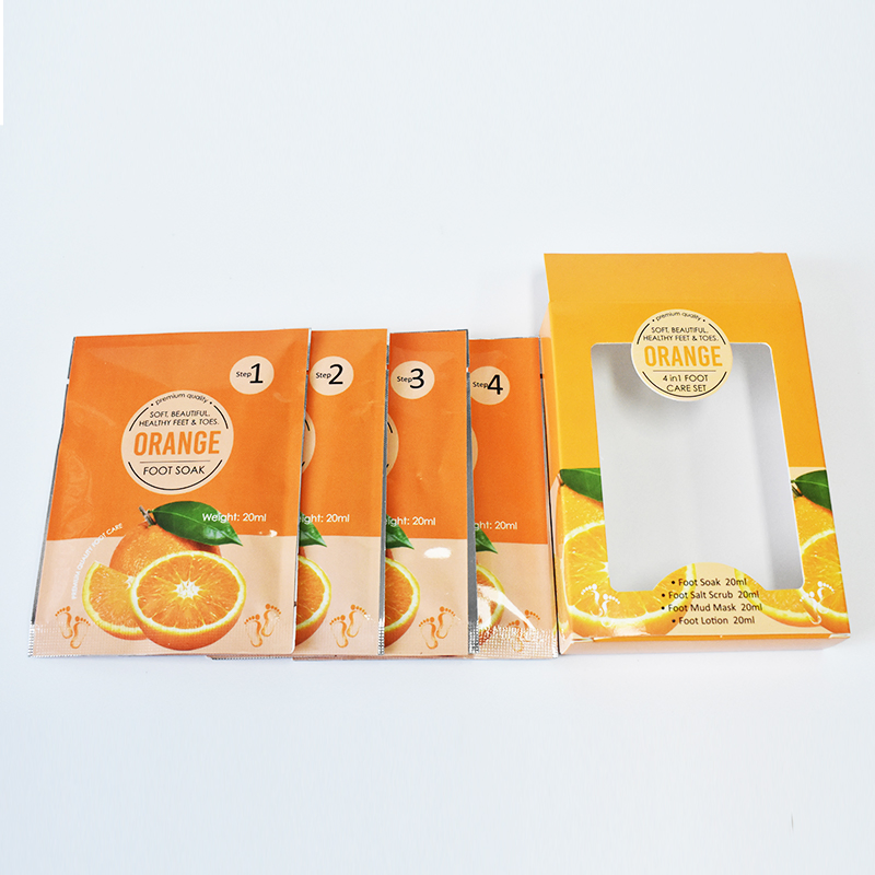 Customize Logo Peeling off Feet Care Set Orange Foot Soak Salt 4 in 1 Pedicure Moisturizing Exfoliating Scrub