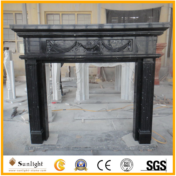 Carved Black Marble Stone Fireplace for Indoor