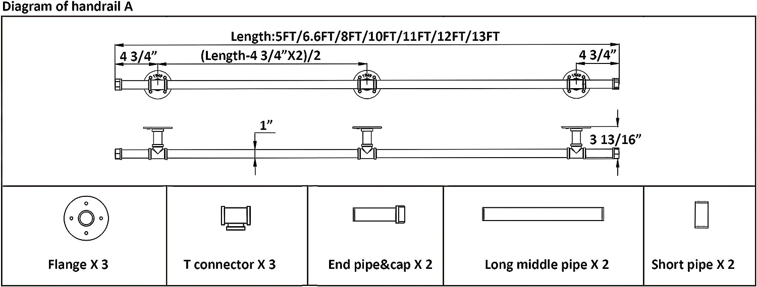 5FT 3 Wall Support Industrial Black Iron Loft Pipe Handrail for Stairs