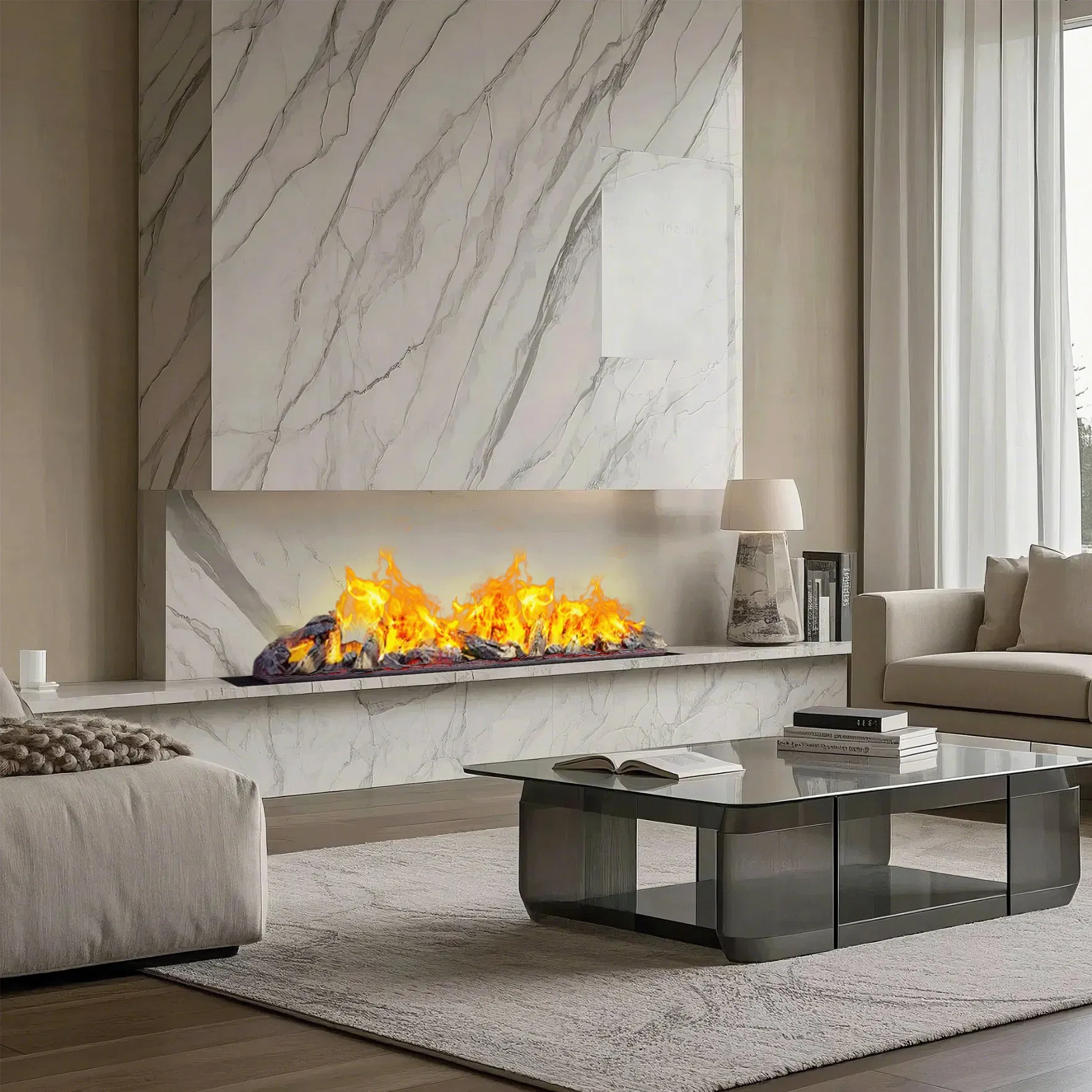 Modern Smart 3D Steam Electric Fireplace with WiFi APP Control, Realistic Flame Effect, Recessed Heater for Home & Hotel Decor