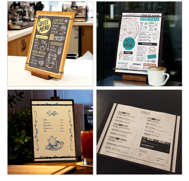 Customizable Natural Wood Black Brown Color Menu Holder Board with Straps