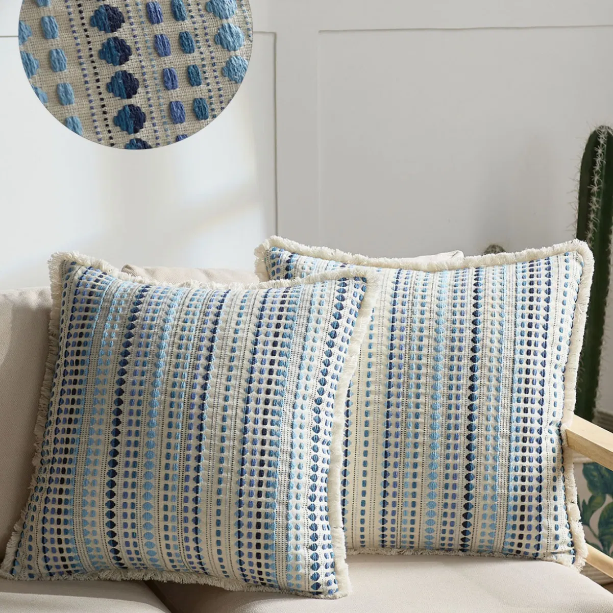 Colorful Spots Weaving Texture Cushion Cover Boho 100% Polyester Pillow Case with Fringe for Living Room Sofa, Farmhouse 18X18