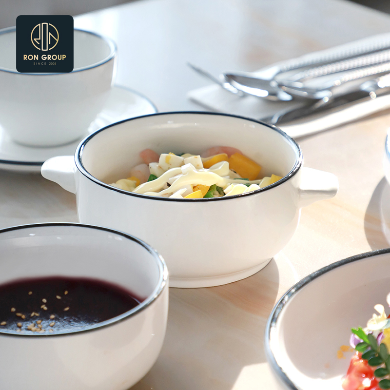 Traditional Dinner Cutlery Eco-Friendly Food Soup Ceramic Restaurant Bowl with 2 Ears