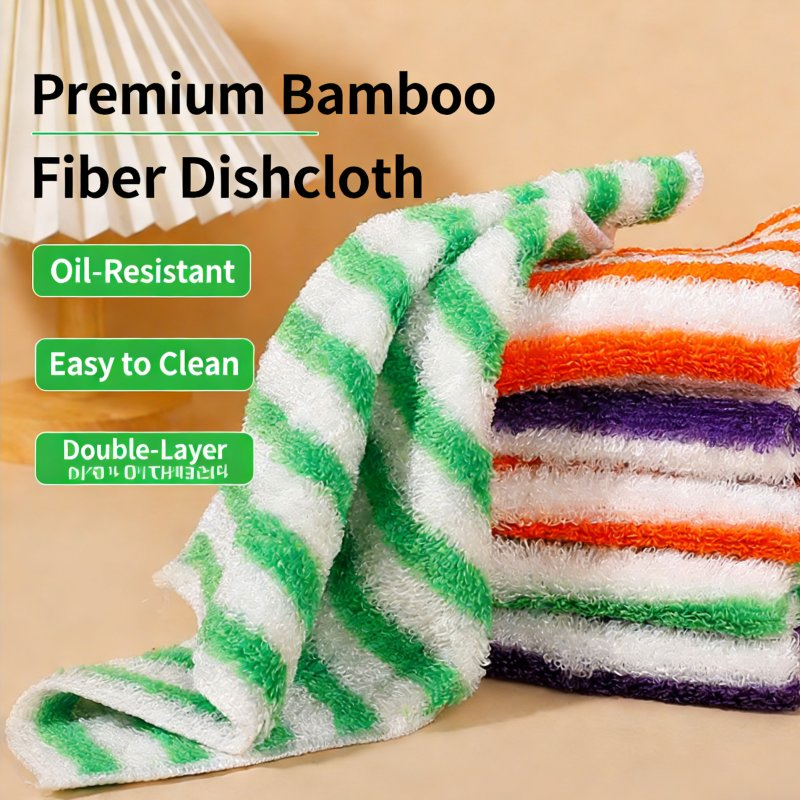 Premium Bamboo Fiber Striped Dishcloth for Kitchen Use