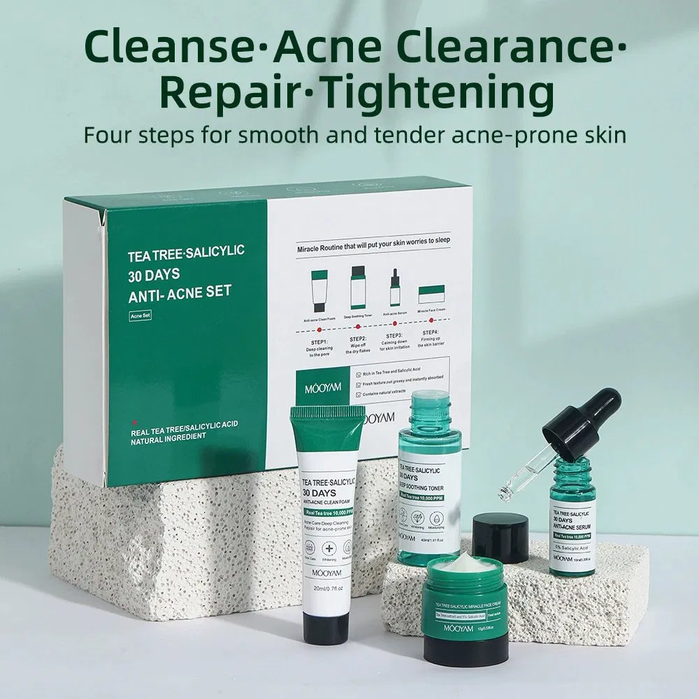 30 Days Anti-Acne Tea Tree Salicylic Acid Skin Care Set Facial Cleanser Toner Serum Face Cream Oil