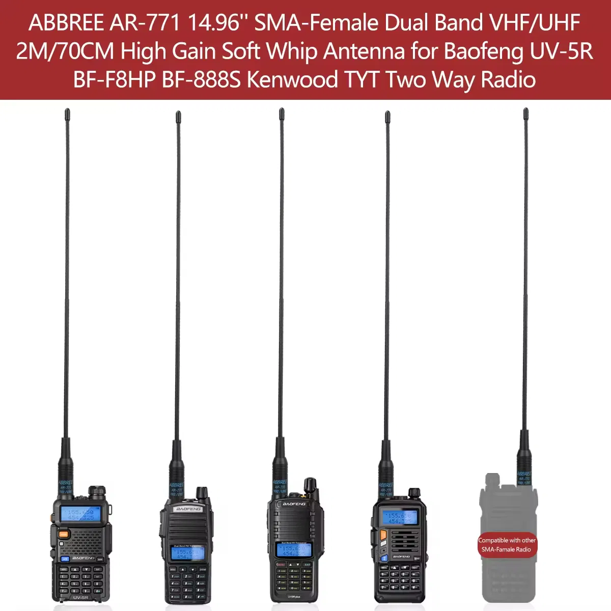 Abbree Ar-771 SMA-Female 144/430MHz Dual Band Antenna for Baofeng UV-5r UV-82 Bf-888s UV-S9 Walkie Talkie 2 Way Radio