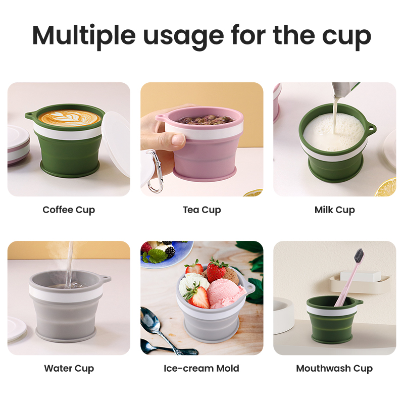 Customized BPA Free Food Grade Silicone Collapsible Pocket Size 170ml 200ml Foldable Mug Silicon Folding Cup for Water Juice Coffee Cola Tea Milk and Ice-Cream