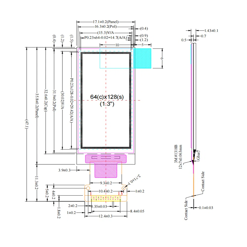 1.3 Inch 64X128 Pmoled White OLED Display with Sh1107 Driver 14-Pin Spi I2c Interface