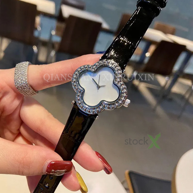 Exquisite Four-Leaf Clover Mother-of-Pearl Dial Women's Best Gift Iced Diamond Bezel with Black Leather Strap Simple High Quality China Copy Watch