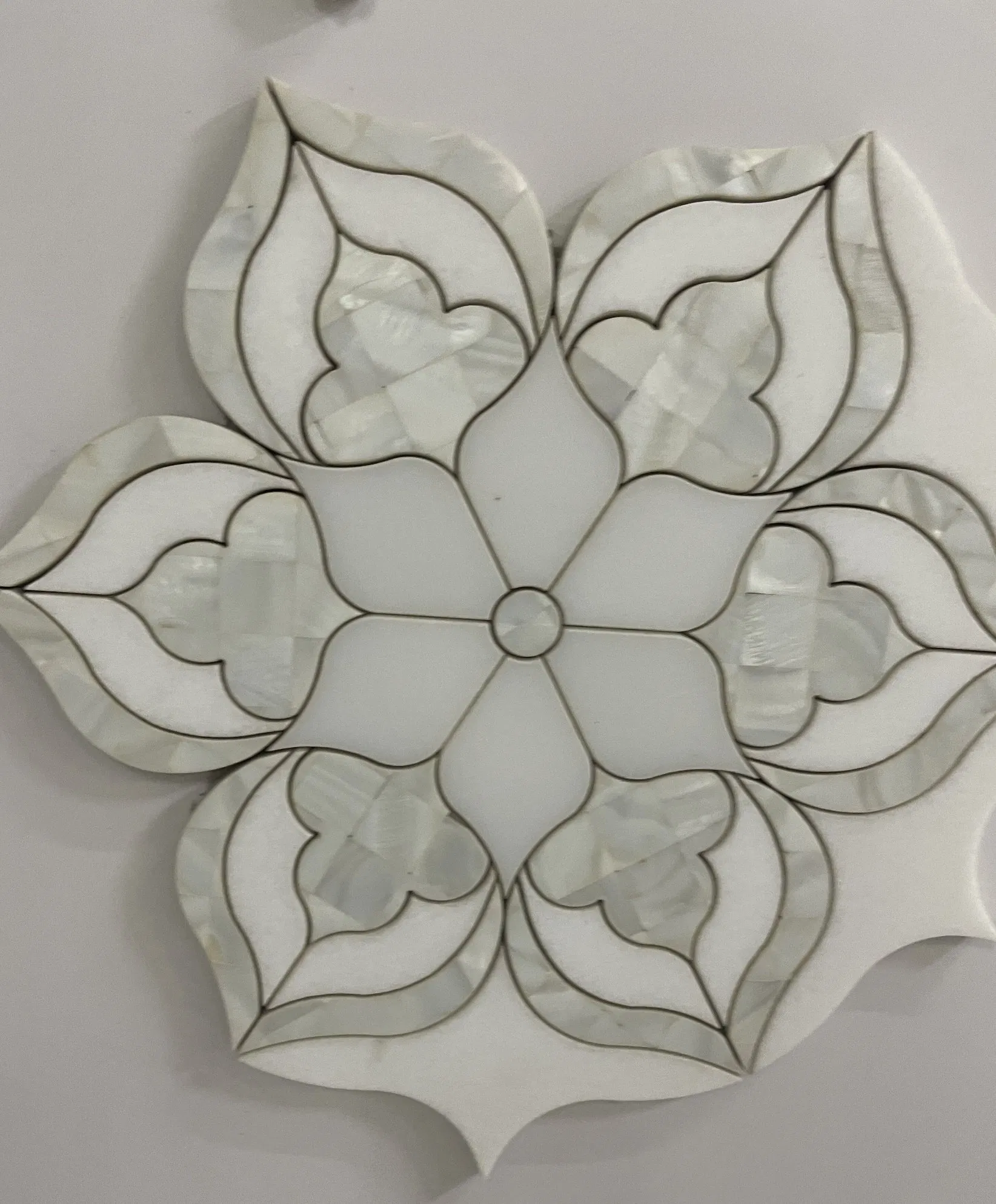 Water jet polished shell crystal/absolute/Thassos White Marble Mosaic for interior/Indoor bar/bathroom/kitchen Floor/Wall/Ceiling