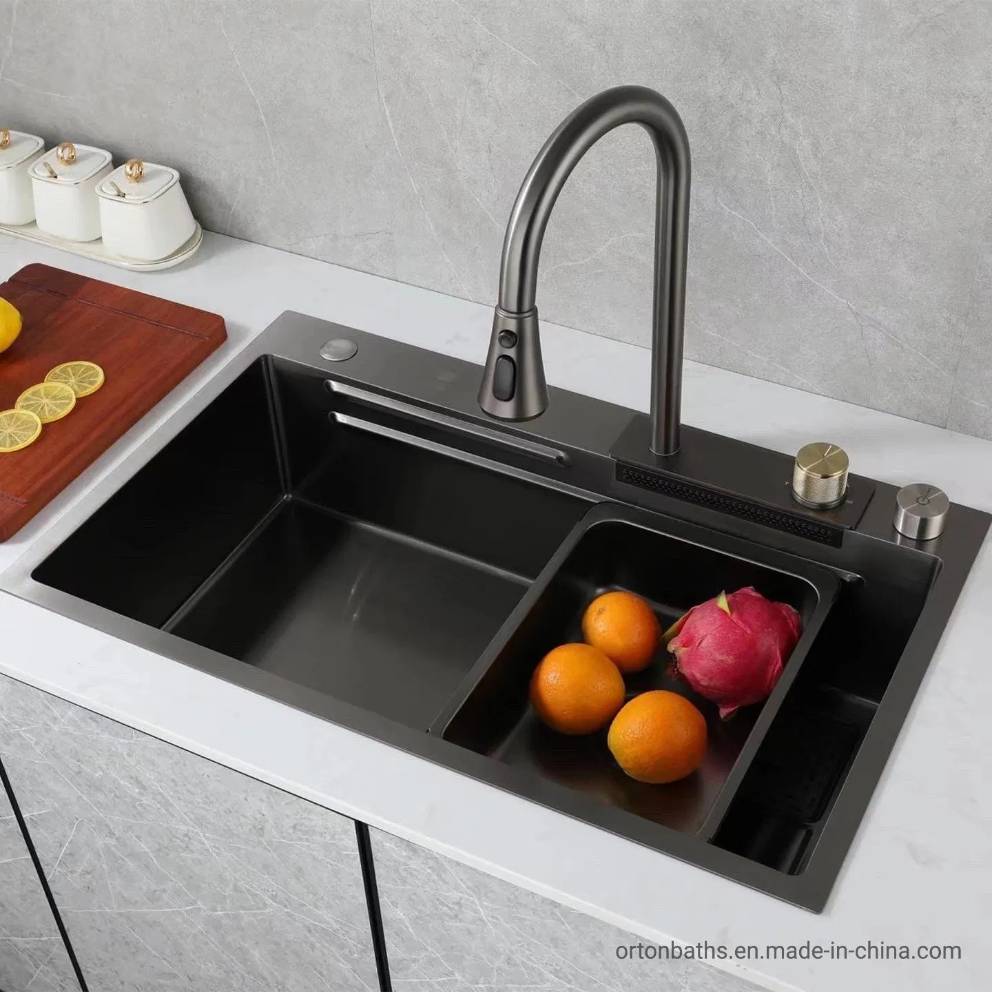 Ortonbath Waterfall Wash Multi-Function 304 Stainless Steel Large Kitchen Sink Workstation with Pull Down Cascade Rainfall Kitchen Faucet Sink Mixer