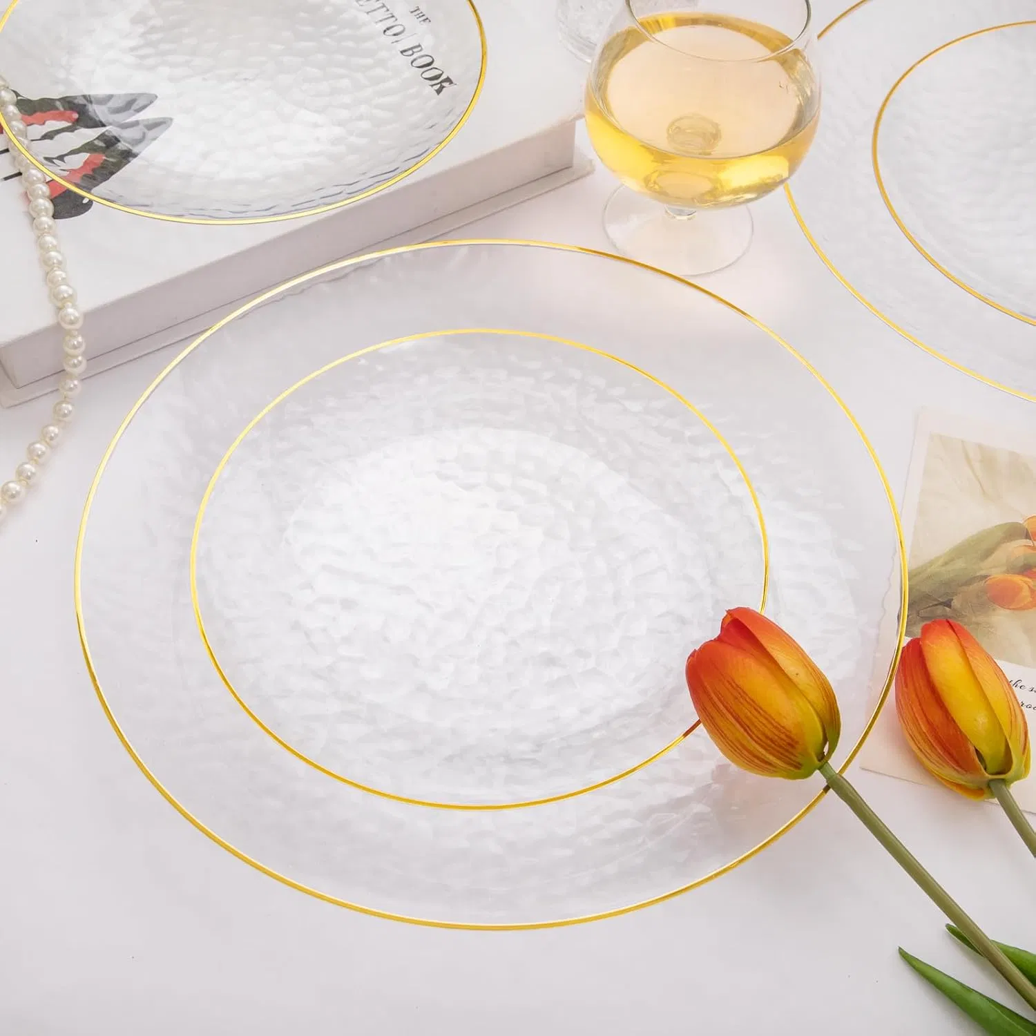 Hammered Clear Plastic Disposable Plates with Gold Rim Include 25 Clear Gold Dessert Plates, 25 Dinner Plates for Party