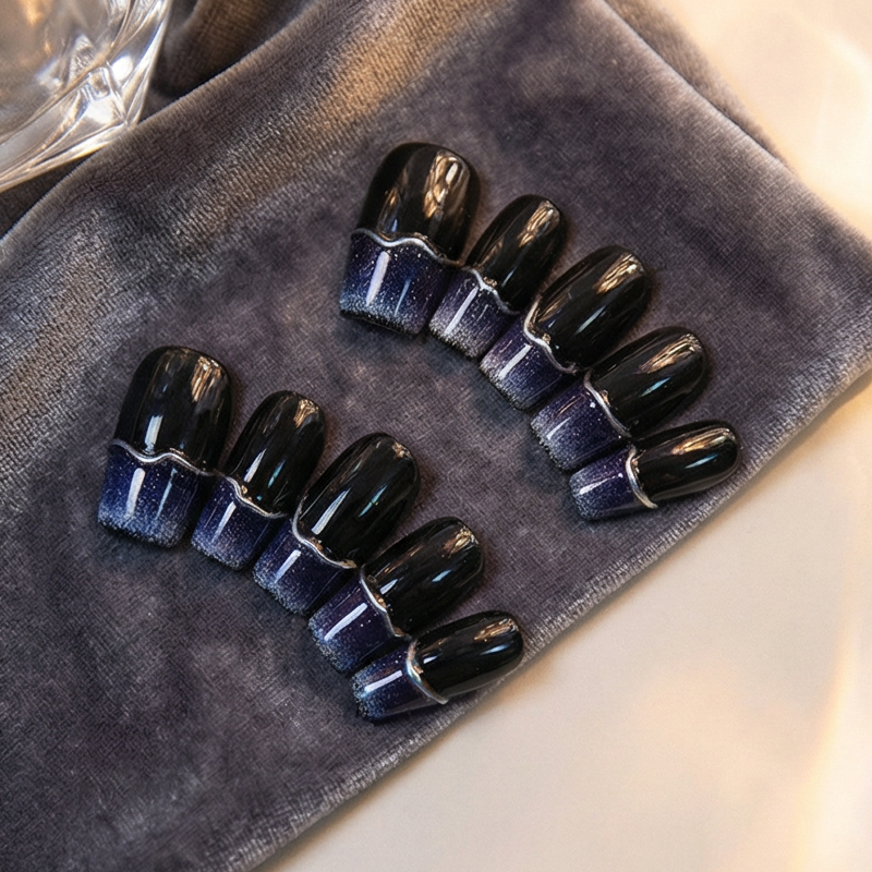 Glamorous Black and Silver Press-on Nails with Glitter Gradient