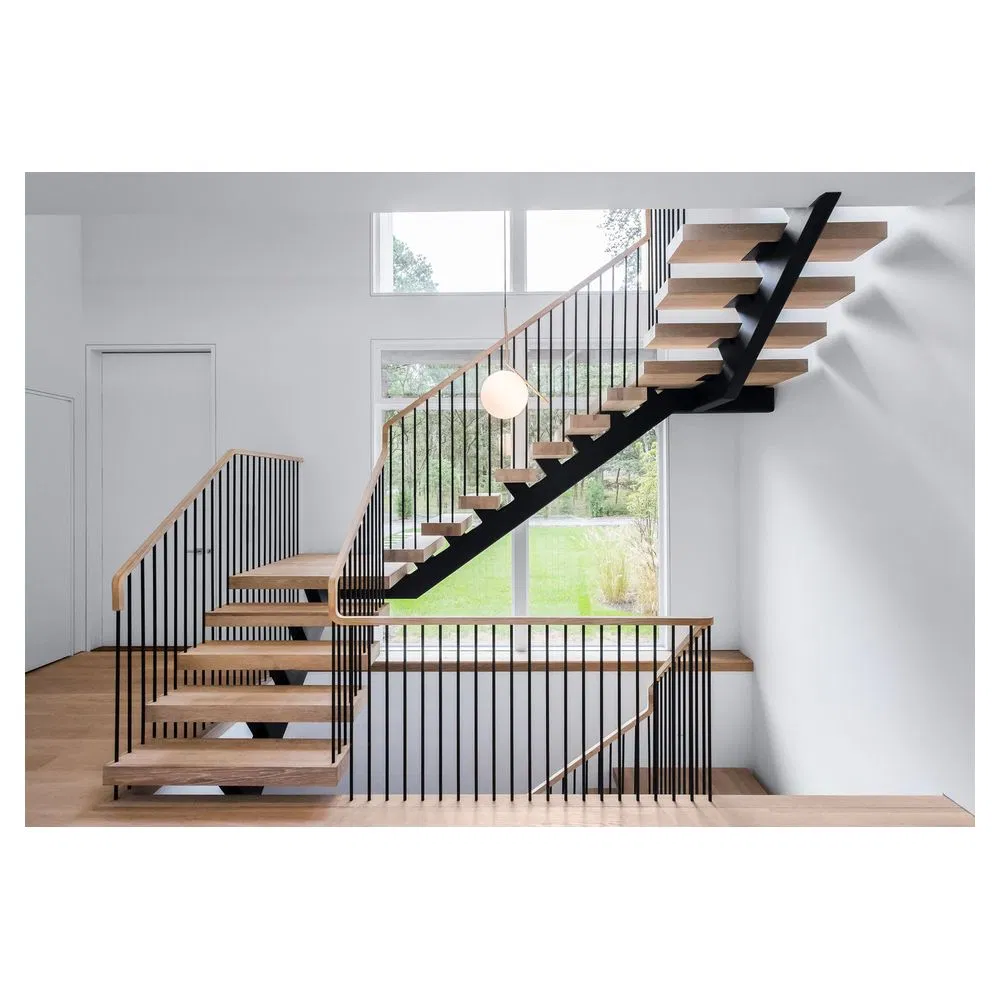 Tempered Galss Railing Stair Design Straight Single Stringer Steel Wood Staircase